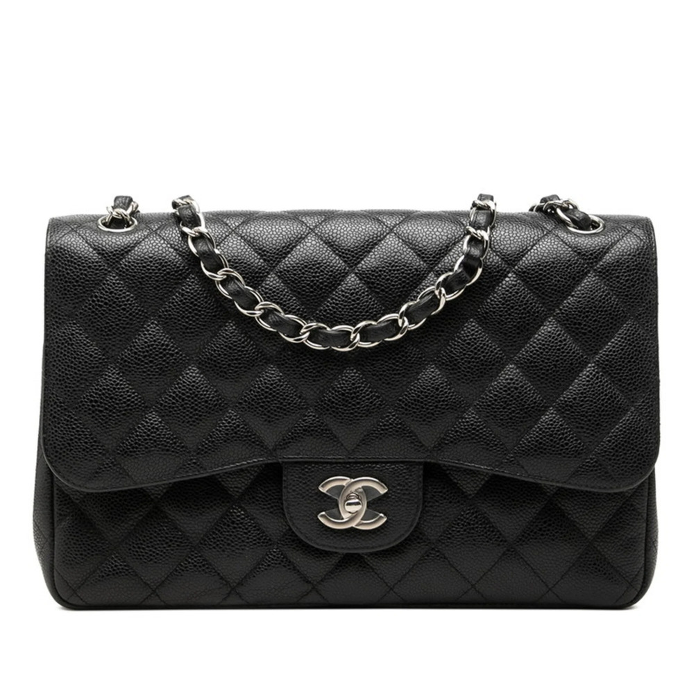 Chanel Matelassé Coco Mark Double Flap Chain Shoulder Bag, Black Caviar Leath...